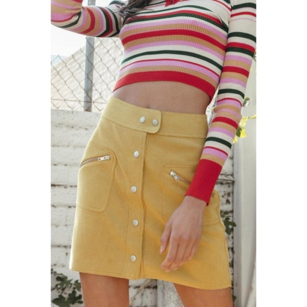 The Leo Mustard Button Front Textured Mini Skirt
